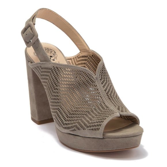 Vince Camuto Jenseya Perforated Peep Toe Wedge Heels Black Suede Leather 10 - Picture 2 of 10